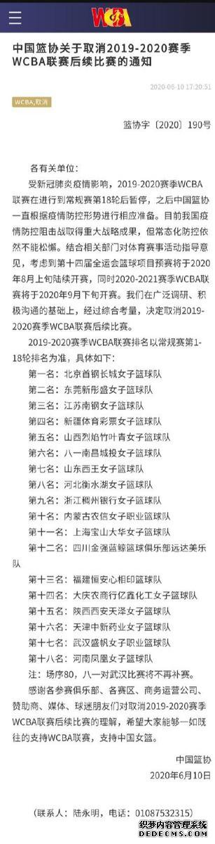 中国篮协官宣本赛季WCBA取消 前18轮成绩定排名北京夺冠